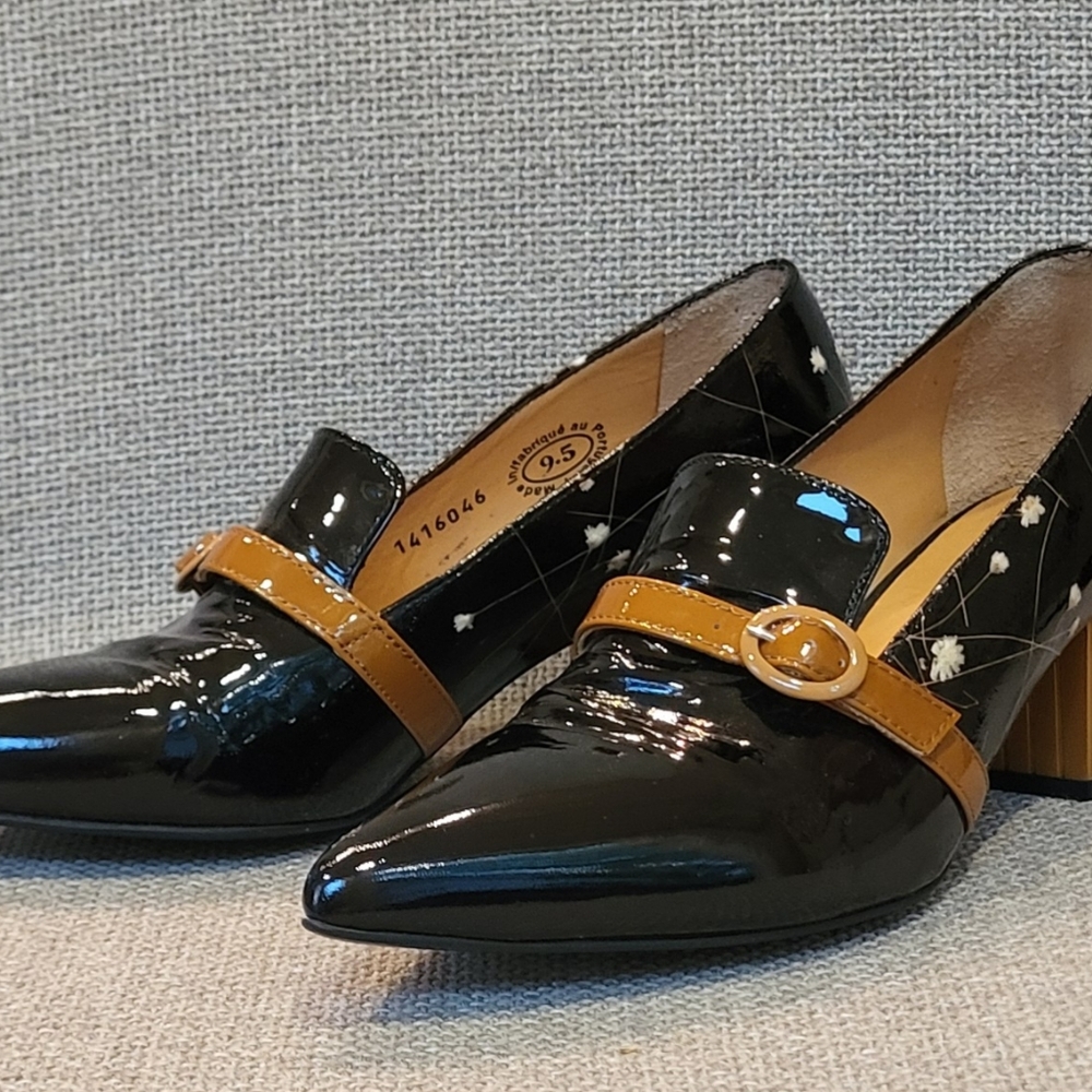 John Fluevog Gigi Black floral Pointed Patent Loafer